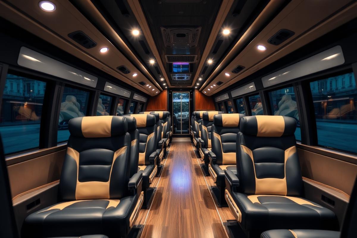 Spacious leather seats and ambient lighting inside a Habesh Luxury Coach